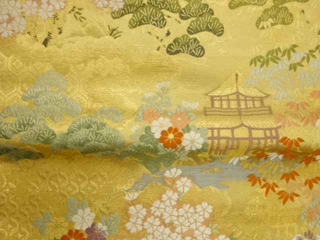  木々に屋敷・人物模様織出し全通袋帯